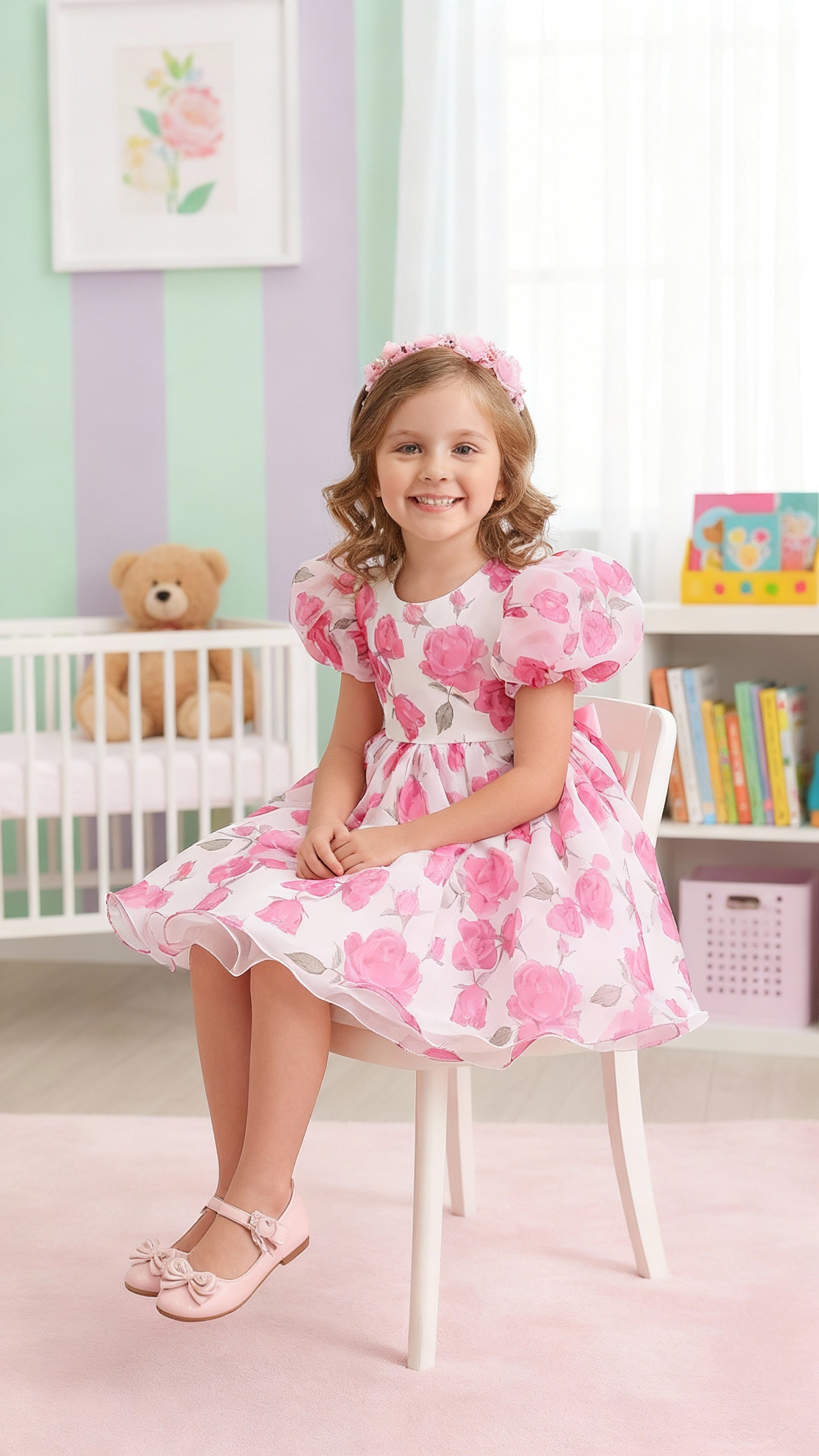 Pink And White Floral Print Puff Sleeve Baby Frock