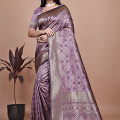 Purple Banarasi Silk Saree with Traditional Zari Work & Tassel Detailing – Ideal for Weddings, Parties, and Festive Occasions