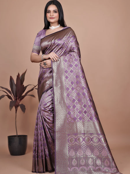 Purple Banarasi Silk Saree with Traditional Zari Work & Tassel Detailing – Ideal for Weddings, Parties, and Festive Occasions