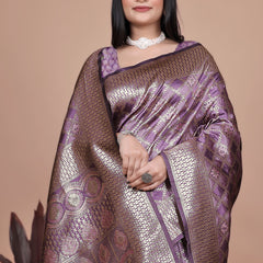 Purple Banarasi Silk Saree with Traditional Zari Work & Tassel Detailing – Ideal for Weddings, Parties, and Festive Occasions