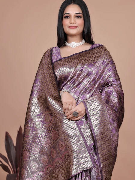 Purple Banarasi Silk Saree with Traditional Zari Work & Tassel Detailing – Ideal for Weddings, Parties, and Festive Occasions
