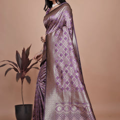 Purple Banarasi Silk Saree with Traditional Zari Work & Tassel Detailing – Ideal for Weddings, Parties, and Festive Occasions