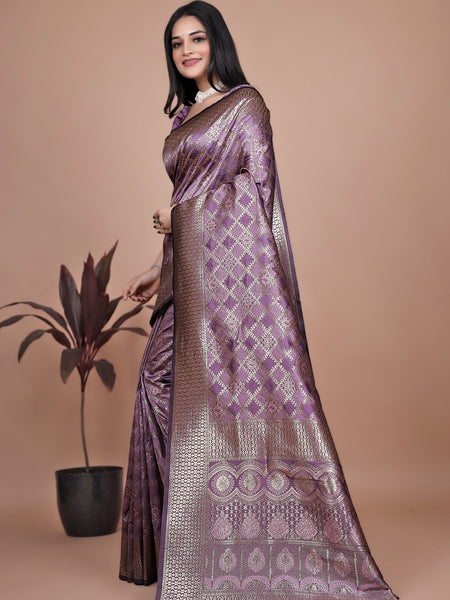 Purple Banarasi Silk Saree with Traditional Zari Work & Tassel Detailing – Ideal for Weddings, Parties, and Festive Occasions