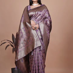 Purple Banarasi Silk Saree with Traditional Zari Work & Tassel Detailing – Ideal for Weddings, Parties, and Festive Occasions