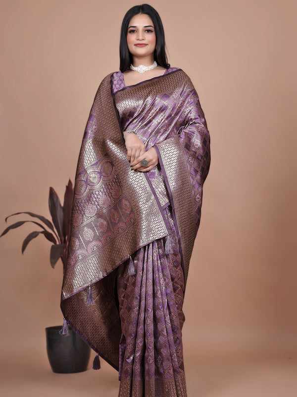 Purple Banarasi Silk Saree with Traditional Zari Work & Tassel Detailing – Ideal for Weddings, Parties, and Festive Occasions