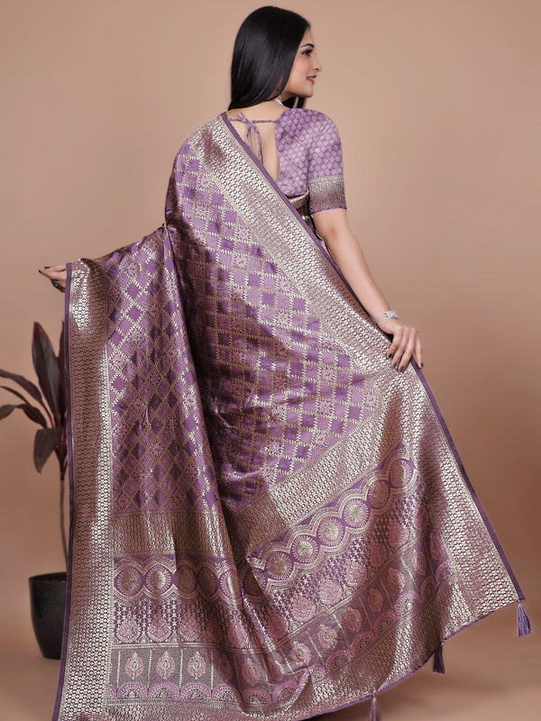 Purple Banarasi Silk Saree with Traditional Zari Work & Tassel Detailing – Ideal for Weddings, Parties, and Festive Occasions