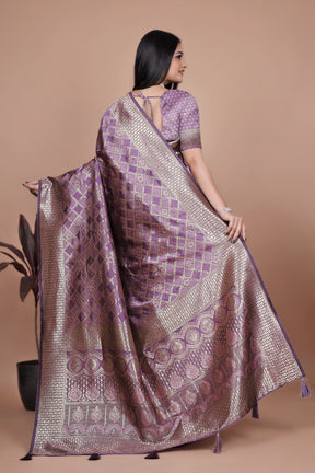 Purple Banarasi Silk Saree with Traditional Zari Work & Tassel Detailing – Ideal for Weddings, Parties, and Festive Occasions