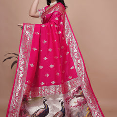 Premium Pink Banarasi Silk Saree with Peacock Artwork and Silver Border