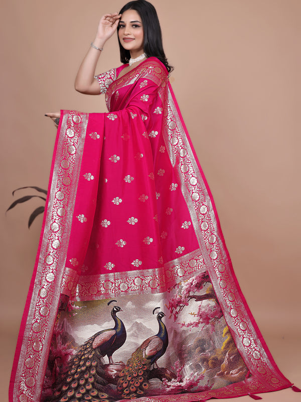 Premium Pink Banarasi Silk Saree with Peacock Artwork and Silver Border