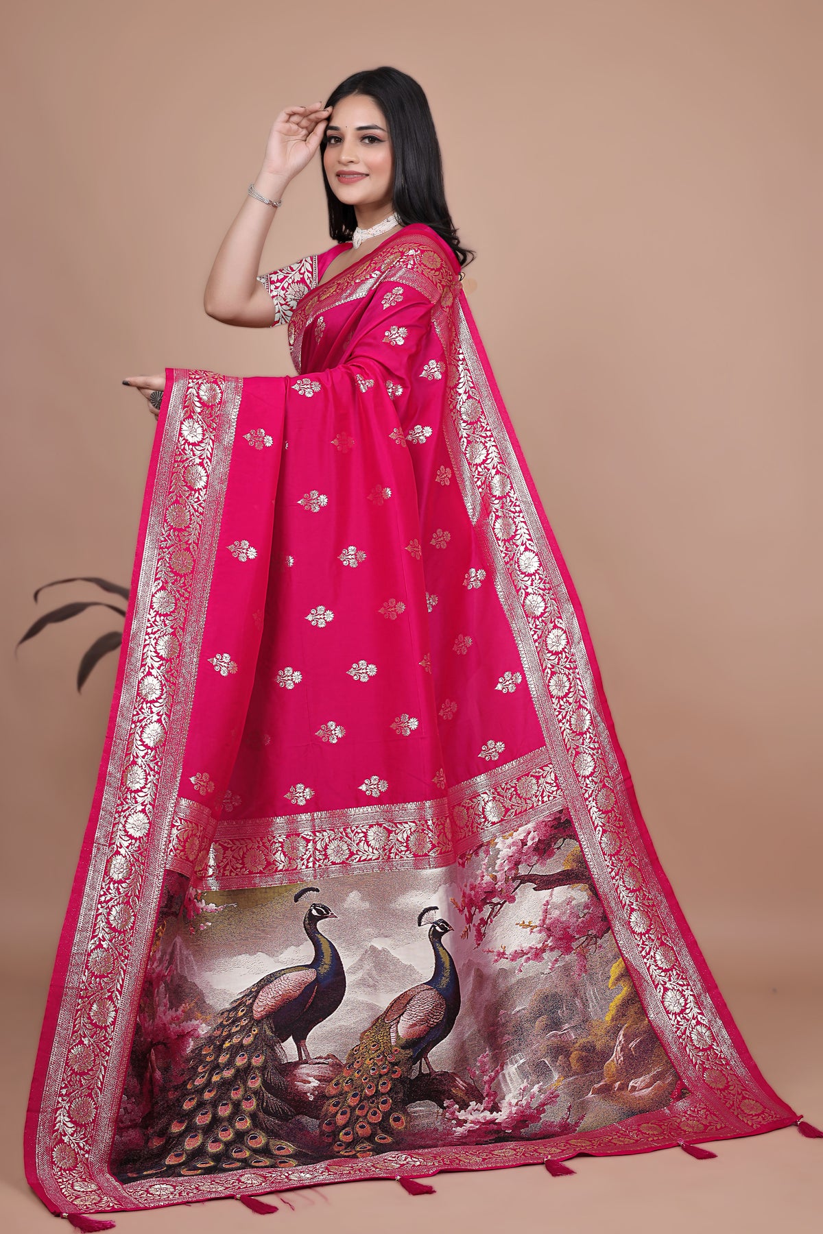 Premium Pink Banarasi Silk Saree with Peacock Artwork and Silver Border