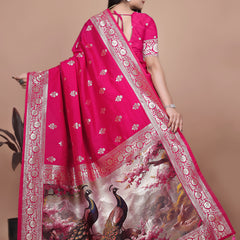Premium Pink Banarasi Silk Saree with Peacock Artwork and Silver Border