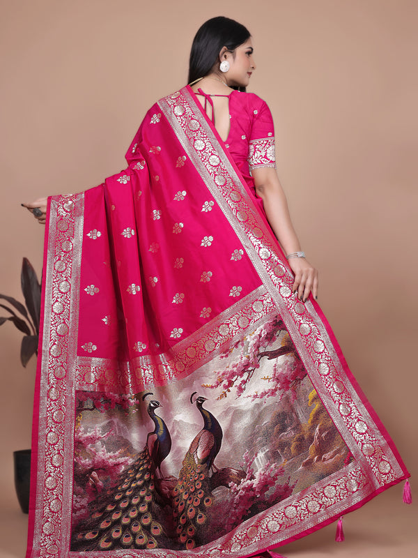 Premium Pink Banarasi Silk Saree with Peacock Artwork and Silver Border