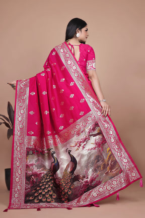 Premium Pink Banarasi Silk Saree with Peacock Artwork and Silver Border