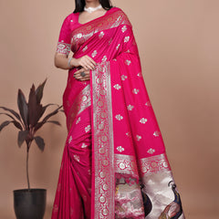 Premium Pink Banarasi Silk Saree with Peacock Artwork and Silver Border