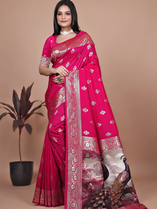 Premium Pink Banarasi Silk Saree with Peacock Artwork and Silver Border