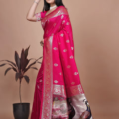 Premium Pink Banarasi Silk Saree with Peacock Artwork and Silver Border