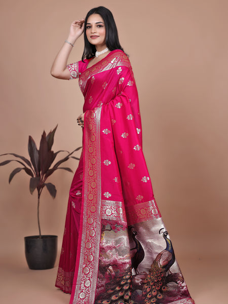 Premium Pink Banarasi Silk Saree with Peacock Artwork and Silver Border