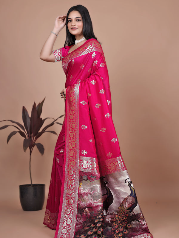 Premium Pink Banarasi Silk Saree with Peacock Artwork and Silver Border