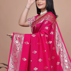 Premium Pink Banarasi Silk Saree with Peacock Artwork and Silver Border