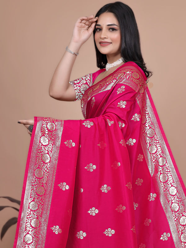 Premium Pink Banarasi Silk Saree with Peacock Artwork and Silver Border