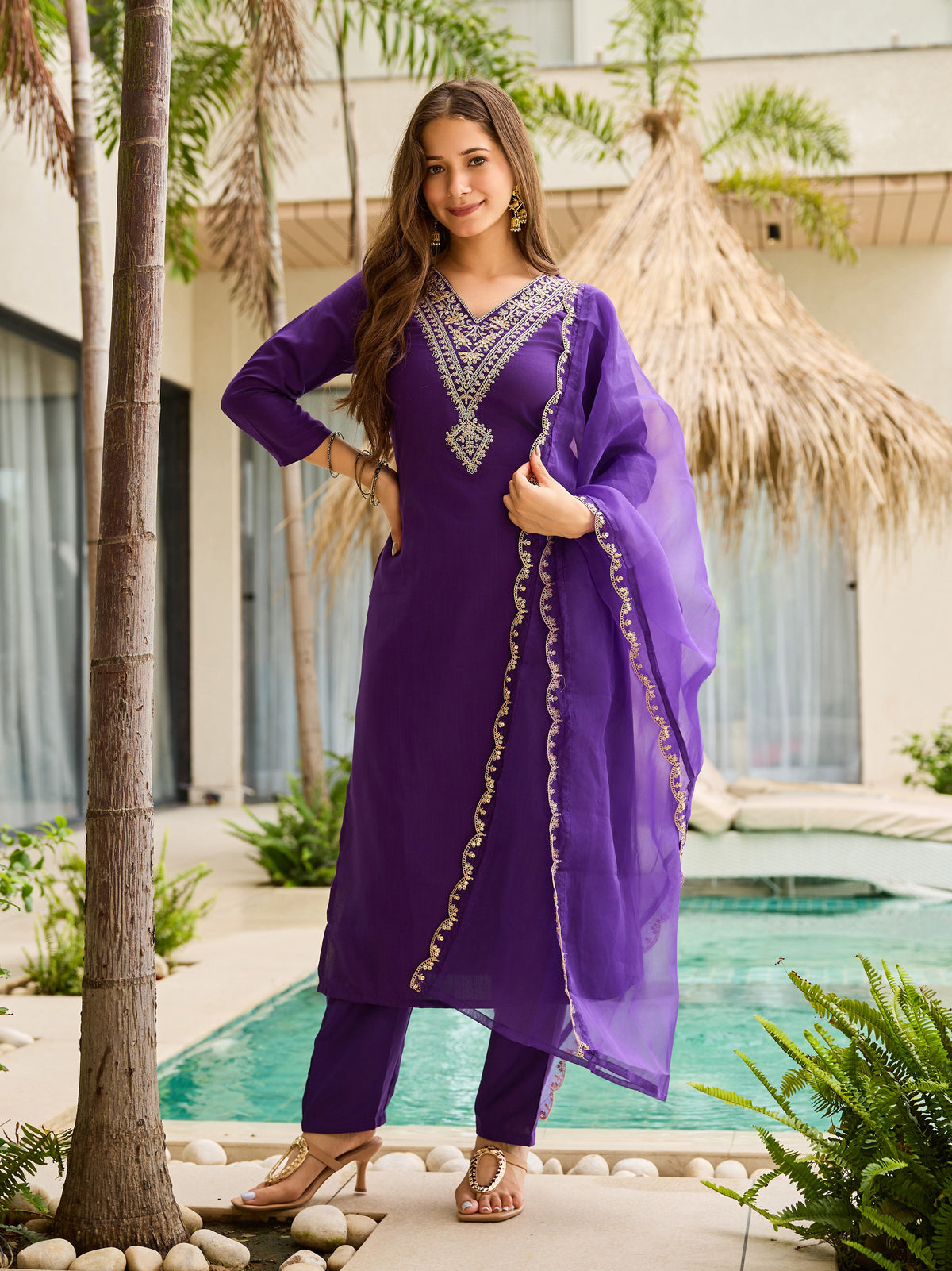 Royal Purple Color Embroidered Kurta Set with Organza Dupatta