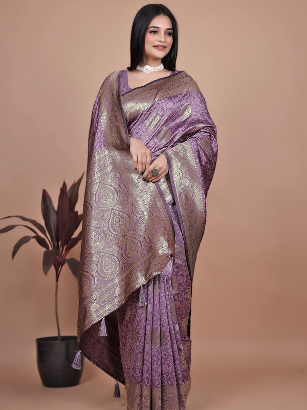 Designer Purple Silk Saree with Golden Zari Borders – Ideal for Weddings and Special Occasions