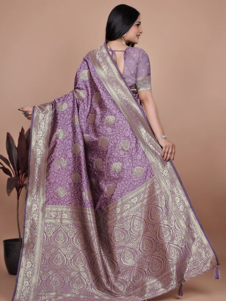 Designer Purple Silk Saree with Golden Zari Borders – Ideal for Weddings and Special Occasions