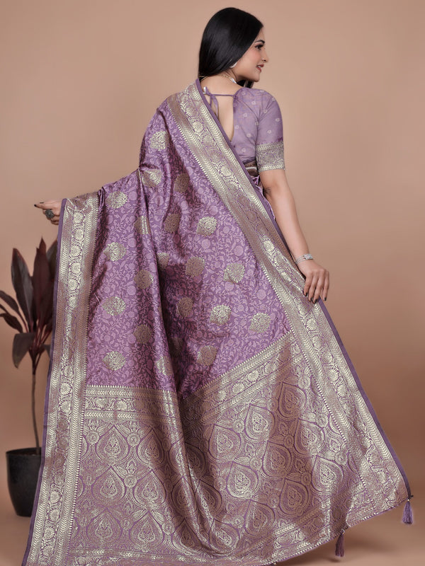Designer Purple Silk Saree with Golden Zari Borders – Ideal for Weddings and Special Occasions
