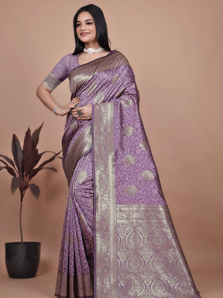 Designer Purple Silk Saree with Golden Zari Borders – Ideal for Weddings and Special Occasions