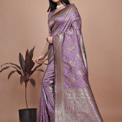 Designer Purple Silk Saree with Golden Zari Borders – Ideal for Weddings and Special Occasions