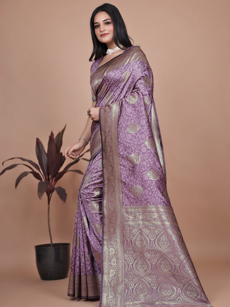 Designer Purple Silk Saree with Golden Zari Borders – Ideal for Weddings and Special Occasions