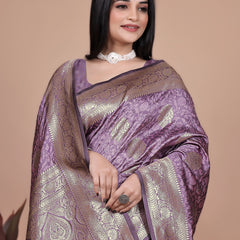 Designer Purple Silk Saree with Golden Zari Borders – Ideal for Weddings and Special Occasions