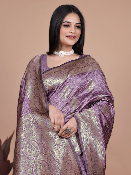 Designer Purple Silk Saree with Golden Zari Borders – Ideal for Weddings and Special Occasions