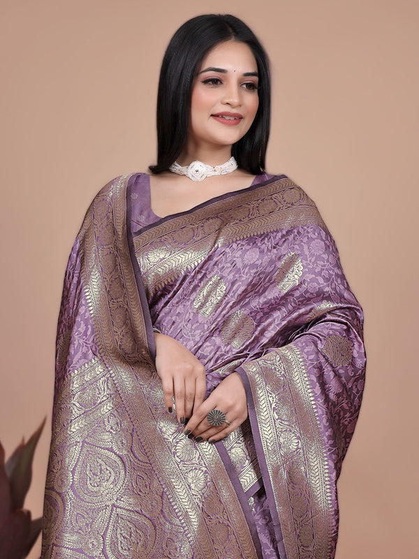Designer Purple Silk Saree with Golden Zari Borders – Ideal for Weddings and Special Occasions