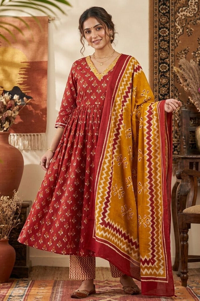 Red & Mustard Printed Anarkali Kurta Set with Dupatta for Women