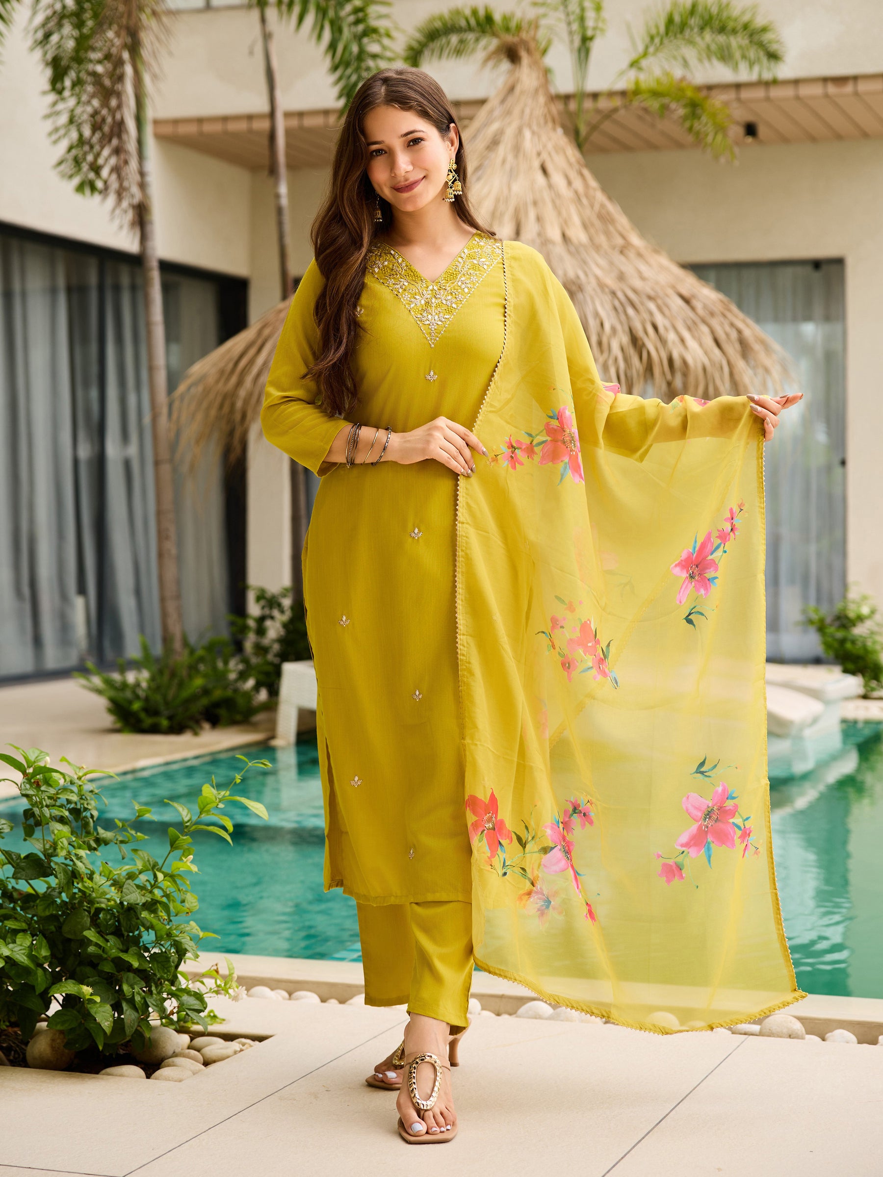 Lime Yellow Embroidered Kurta Set with Floral Dupatta