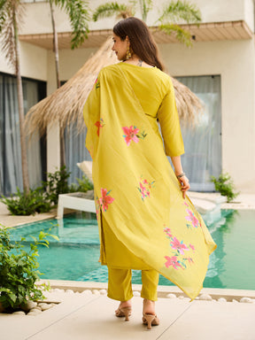Lime Yellow Embroidered Kurta Set with Floral Dupatta