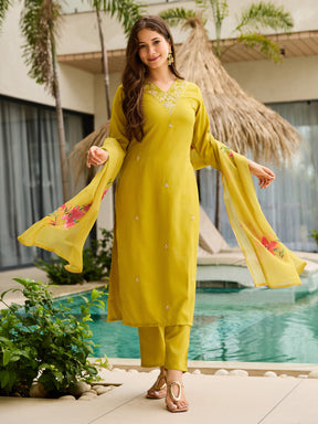 Lime Yellow Embroidered Kurta Set with Floral Dupatta