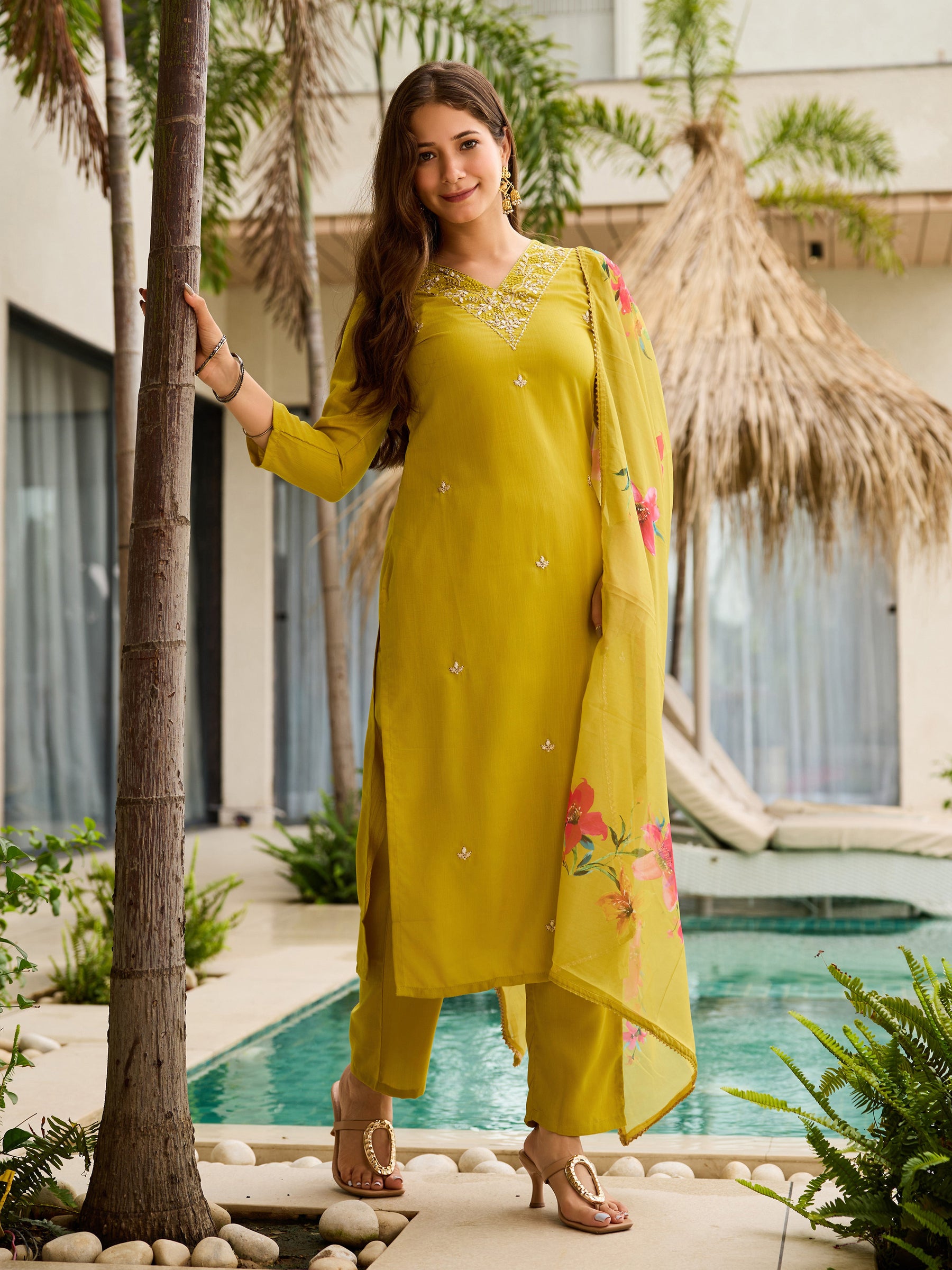 Lime Yellow Embroidered Kurta Set with Floral Dupatta