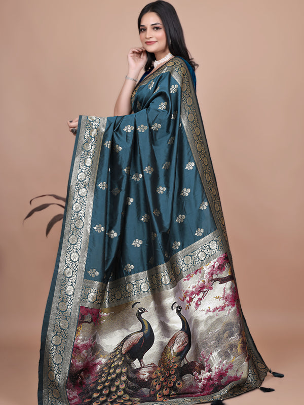 Graceful Teal Saree with Peacock Border and Silver Zari for Weddings & Festivals