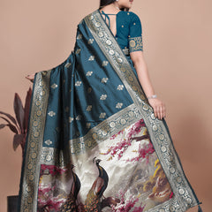 Graceful Teal Saree with Peacock Border and Silver Zari for Weddings & Festivals