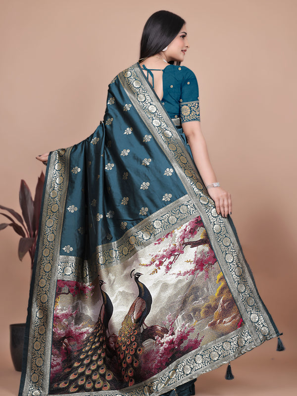 Graceful Teal Saree with Peacock Border and Silver Zari for Weddings & Festivals