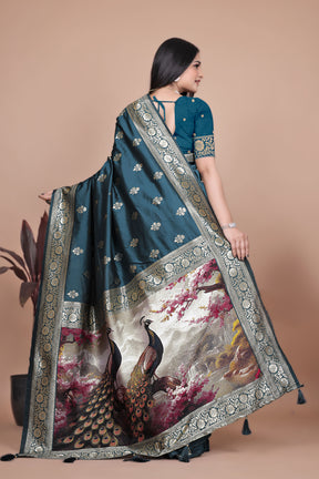 Graceful Teal Saree with Peacock Border and Silver Zari for Weddings & Festivals
