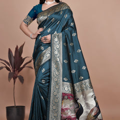 Graceful Teal Saree with Peacock Border and Silver Zari for Weddings & Festivals