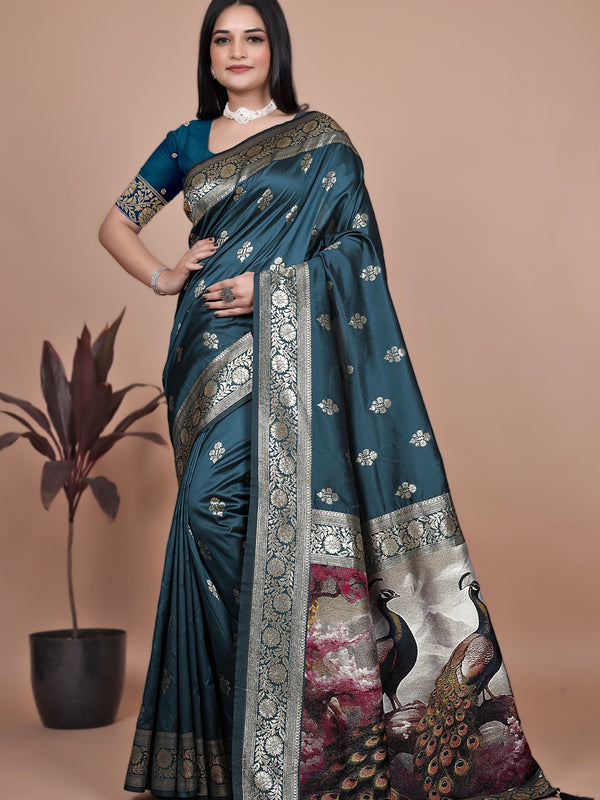 Graceful Teal Saree with Peacock Border and Silver Zari for Weddings & Festivals