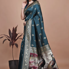 Graceful Teal Saree with Peacock Border and Silver Zari for Weddings & Festivals