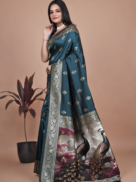 Graceful Teal Saree with Peacock Border and Silver Zari for Weddings & Festivals