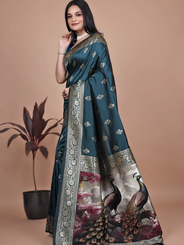 Graceful Teal Saree with Peacock Border and Silver Zari for Weddings & Festivals