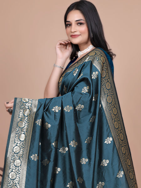 Graceful Teal Saree with Peacock Border and Silver Zari for Weddings & Festivals