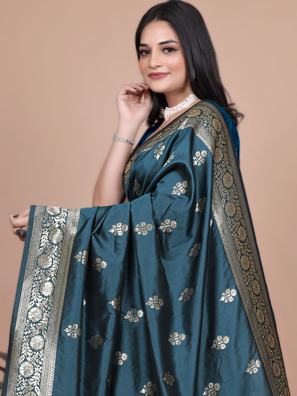 Graceful Teal Saree with Peacock Border and Silver Zari for Weddings & Festivals
